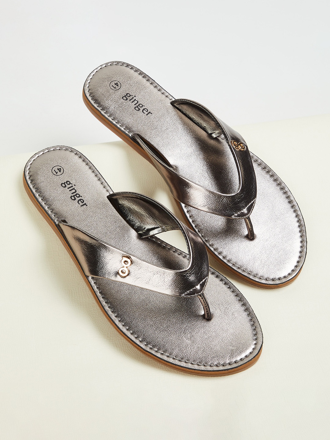 Ginger by Lifestyle Open Toe T-Strap Flats, Grey