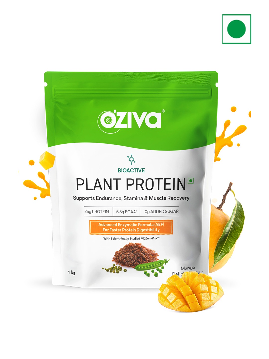 

OZiva Bioactive Plant Protein For Better Muscle Recovery Mango Delight - 1Kg, Green