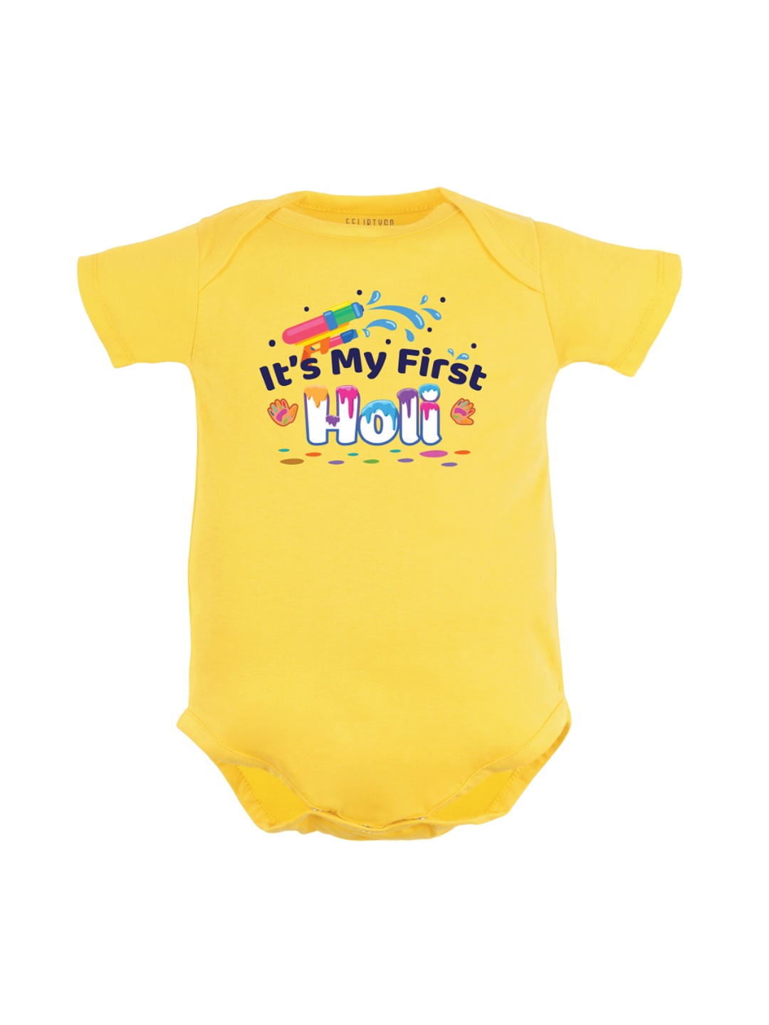 

FFLIRTYGO Infants Typography Printed Holi Special Pure Cotton Bodysuit, Yellow
