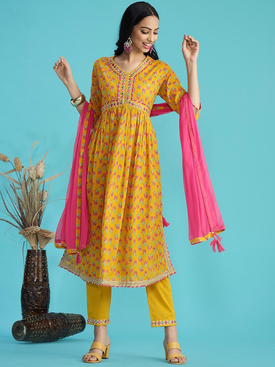 

Sangria Floral Printed Mirror Work Pure Cotton A-Line Kurta With Trousers & Dupatta, Mustard