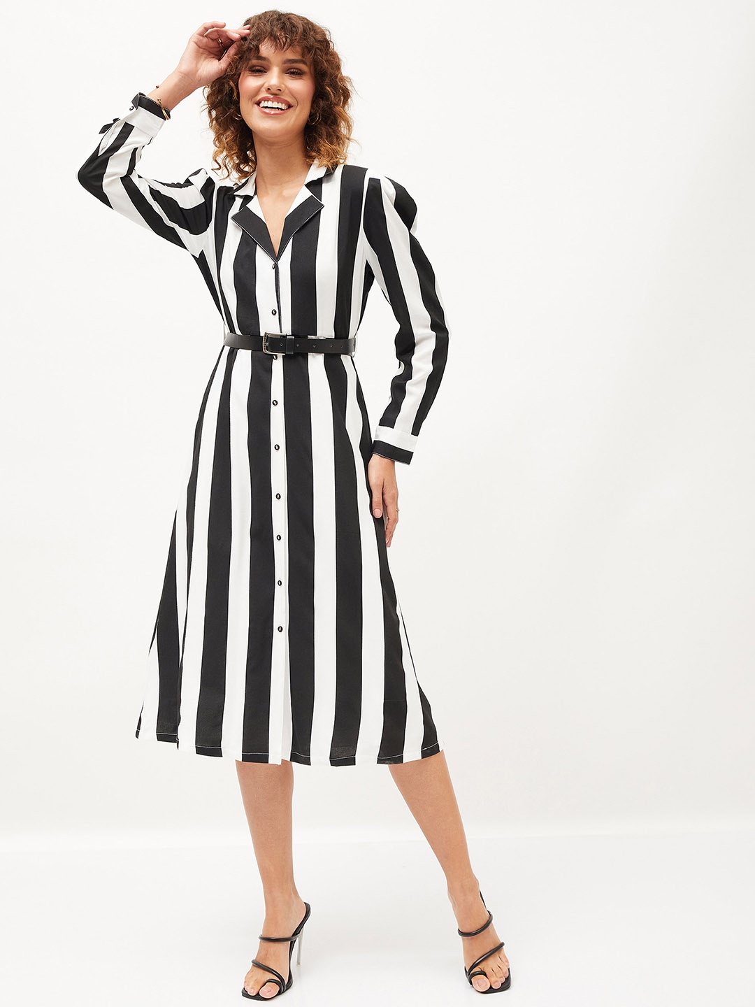 

SASSAFRAS Striped A-Line Midi Dress, Black