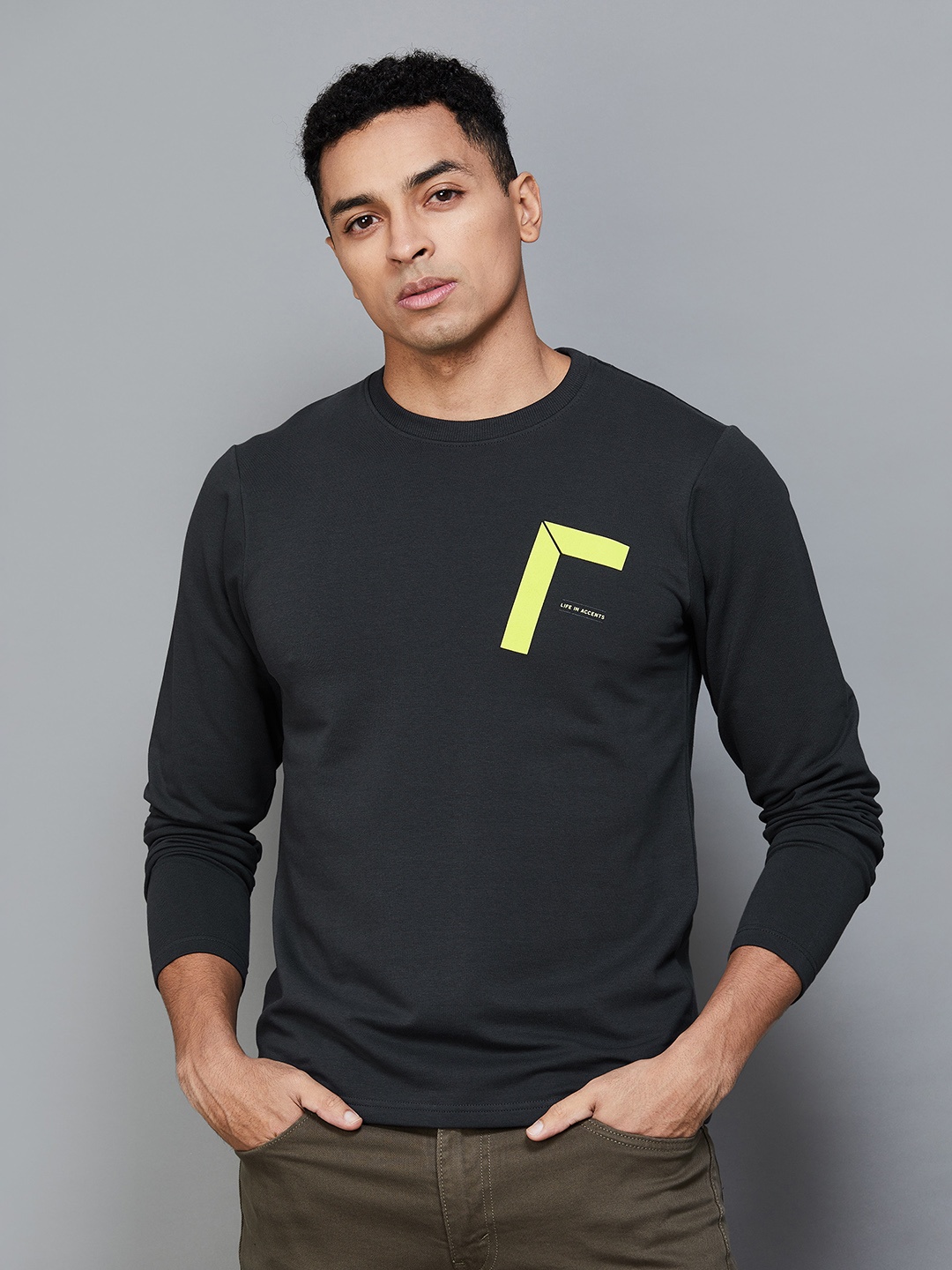 

Bossini Geometric Printed Round Neck Long Sleeves Cotton Regular T-shirt, Charcoal