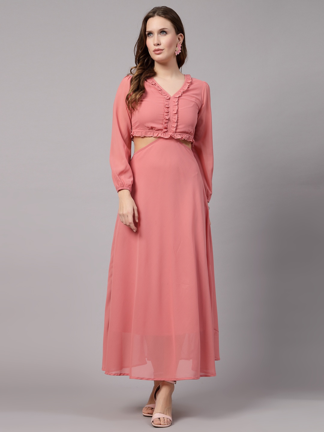 aayu V-Neck Long Sleeves Cut-Outs Georgette Maxi Dress, Peach