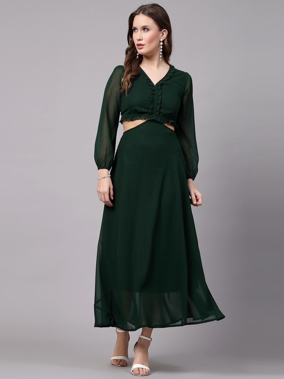 

aayu Puff Sleeve Ruffled Georgette Maxi Dress, Green