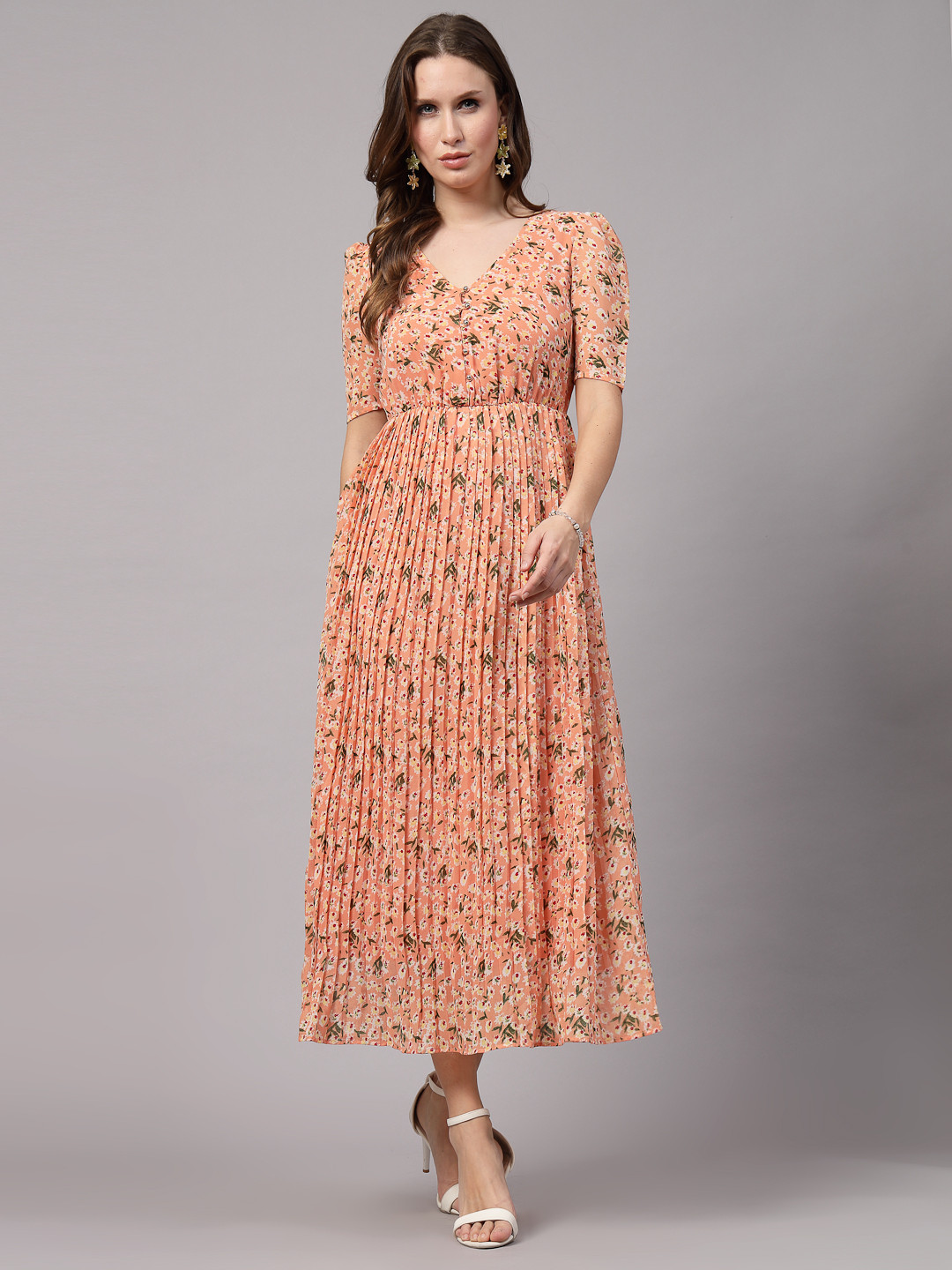 

aayu Floral Printed V-Neck Short Sleeves Gathered Crepe Fit & Flare Maxi Dress, Orange