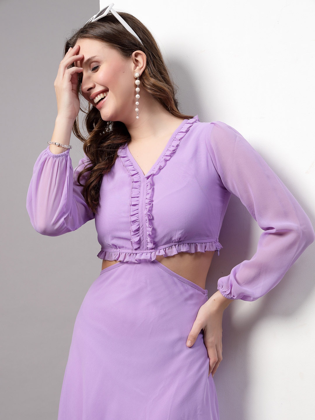 

aayu V-Neck Cuffed Sleeves Cut-Outs Ruffles Georgette Maxi Dress, Lavender
