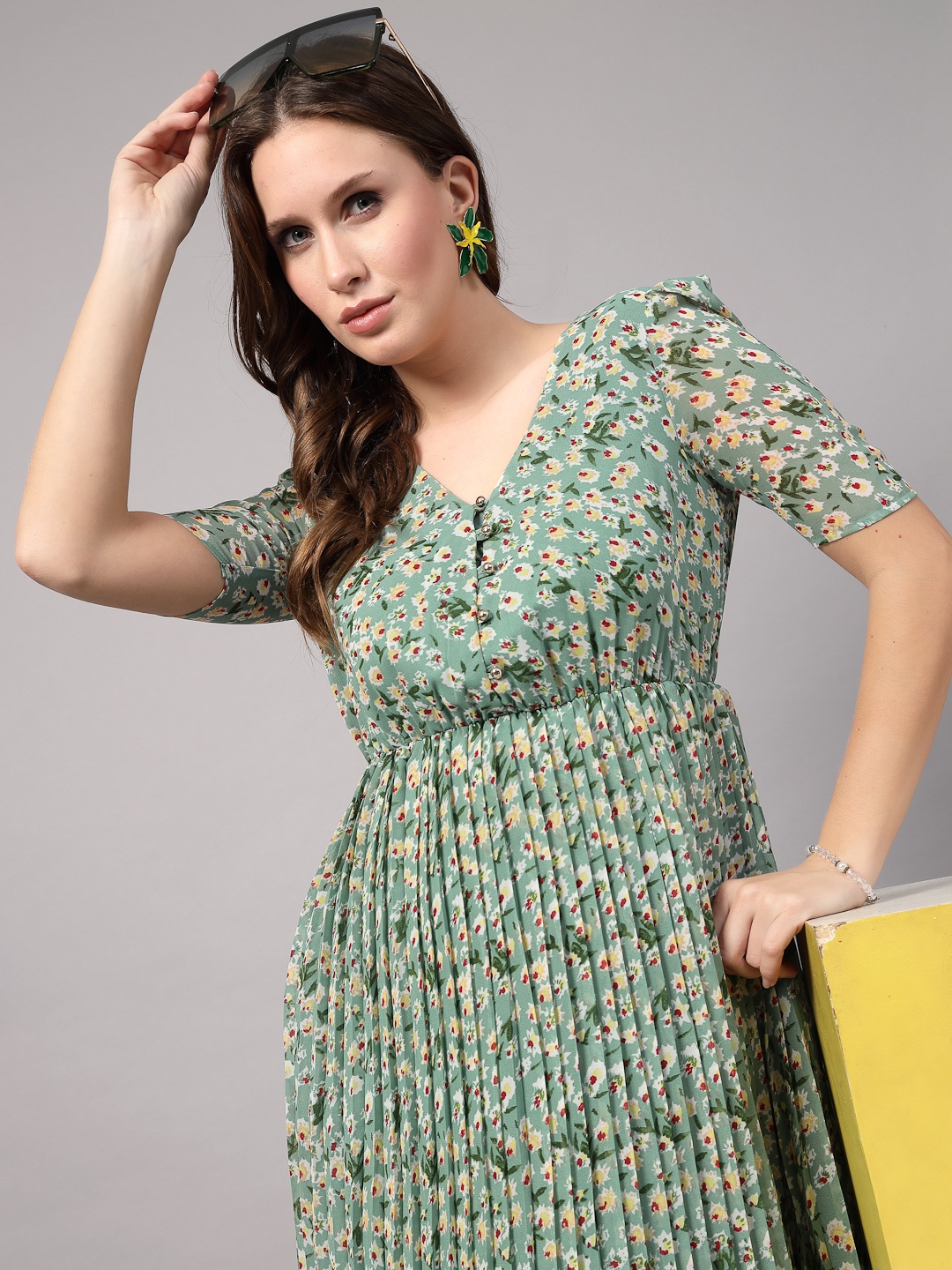 

aayu Floral Print Puff Sleeve Crepe Empire Midi Dress, Green