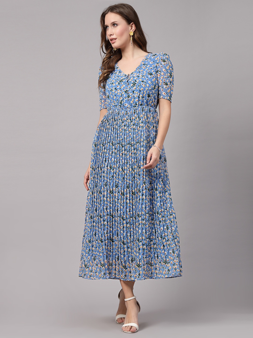 aayu Floral Print Puff Sleeve Crepe Fit and Flare Midi Dress, Blue