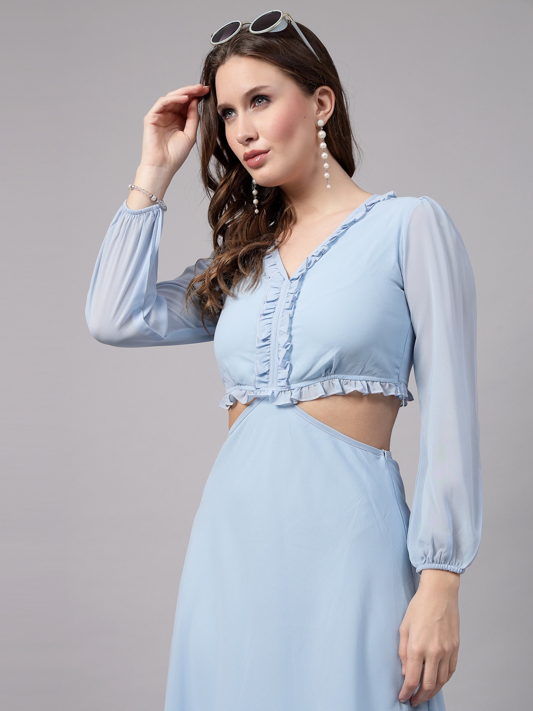 

aayu V-Neck Cuffed Sleeves Cut-Outs Ruffles Georgette Maxi Dress, Blue