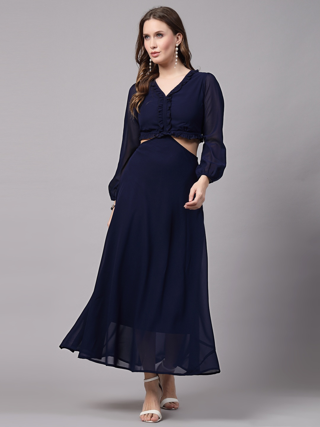 

aayu Bell Sleeve Ruffled Georgette Maxi Dress, Blue