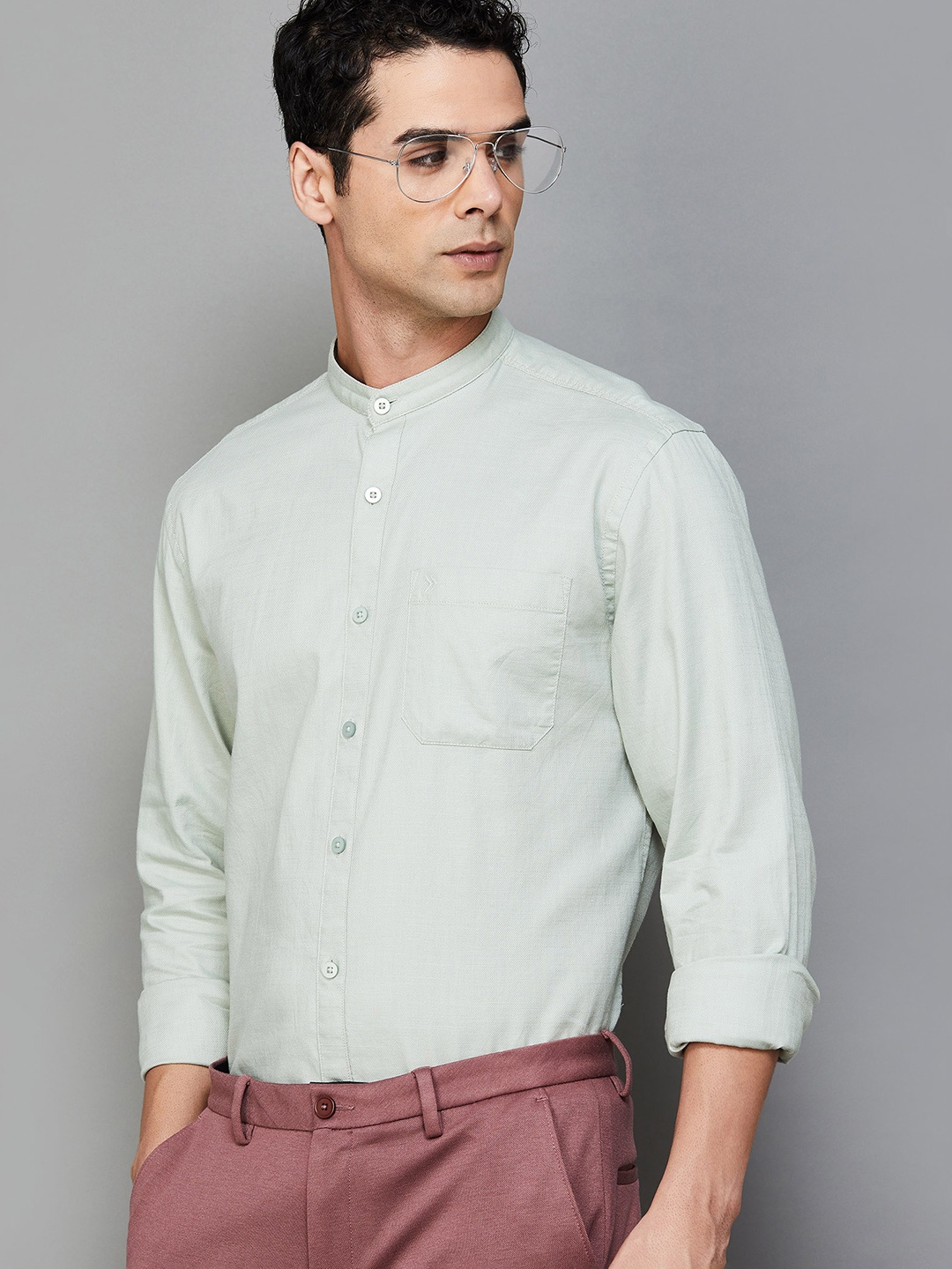 

CODE by Lifestyle Mandarin Collar Cotton Casual Shirt, Grey