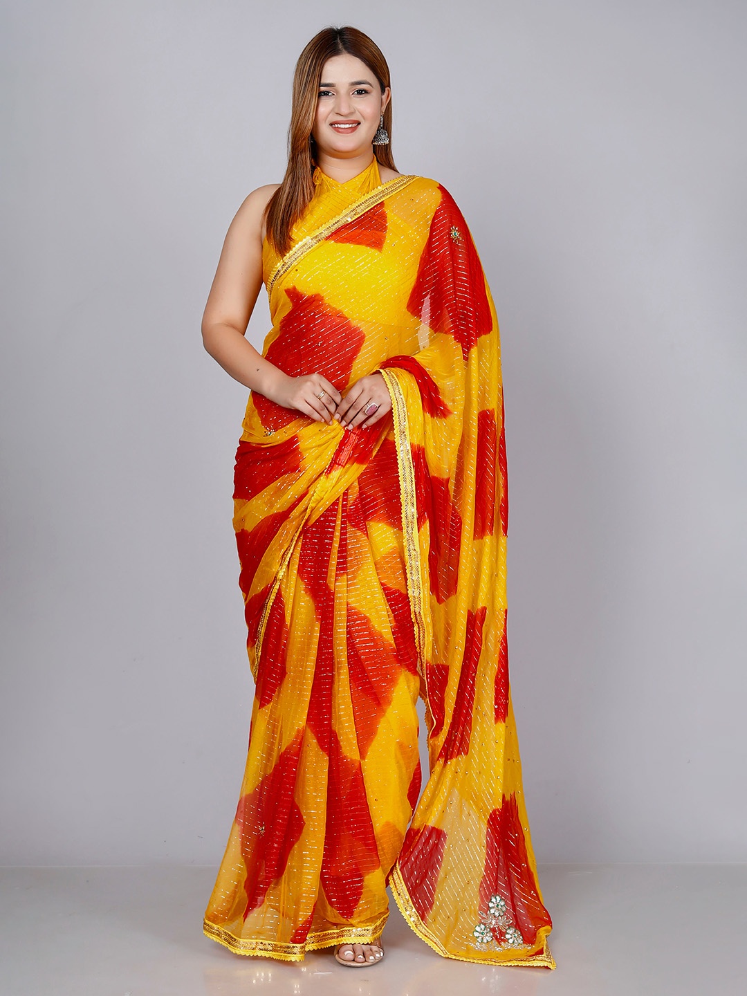

VL SAREES Striped Gotta Patti Sequinned Pure Chiffon Saree, Red