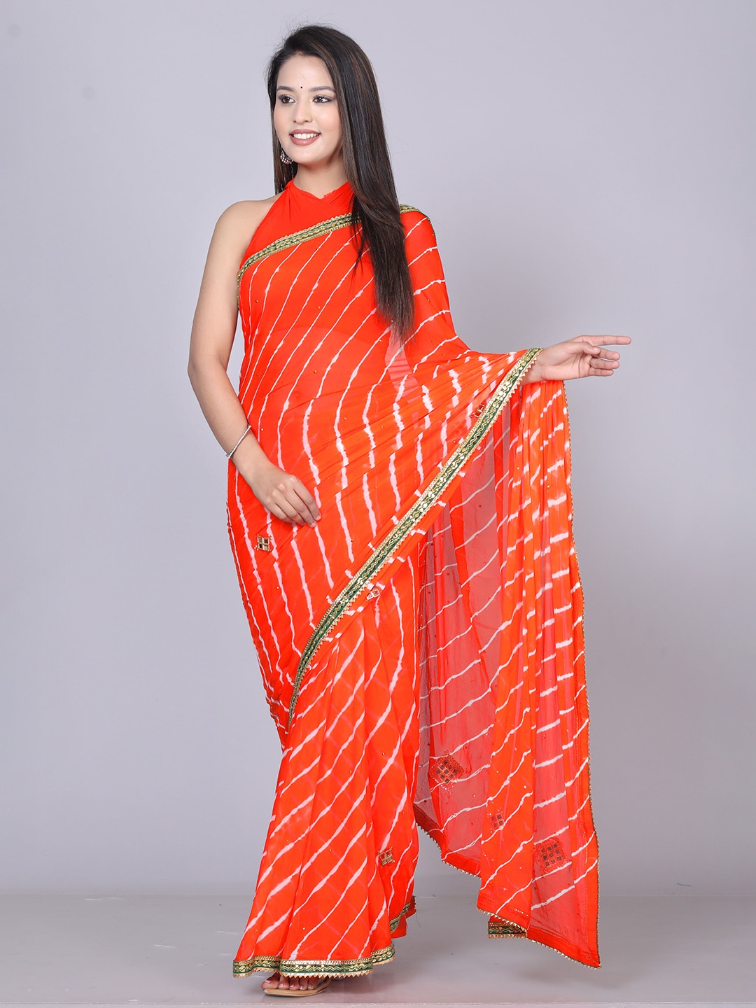 

VL SAREES Leheriya Printed Gotta Patti Leheriya Saree, Orange