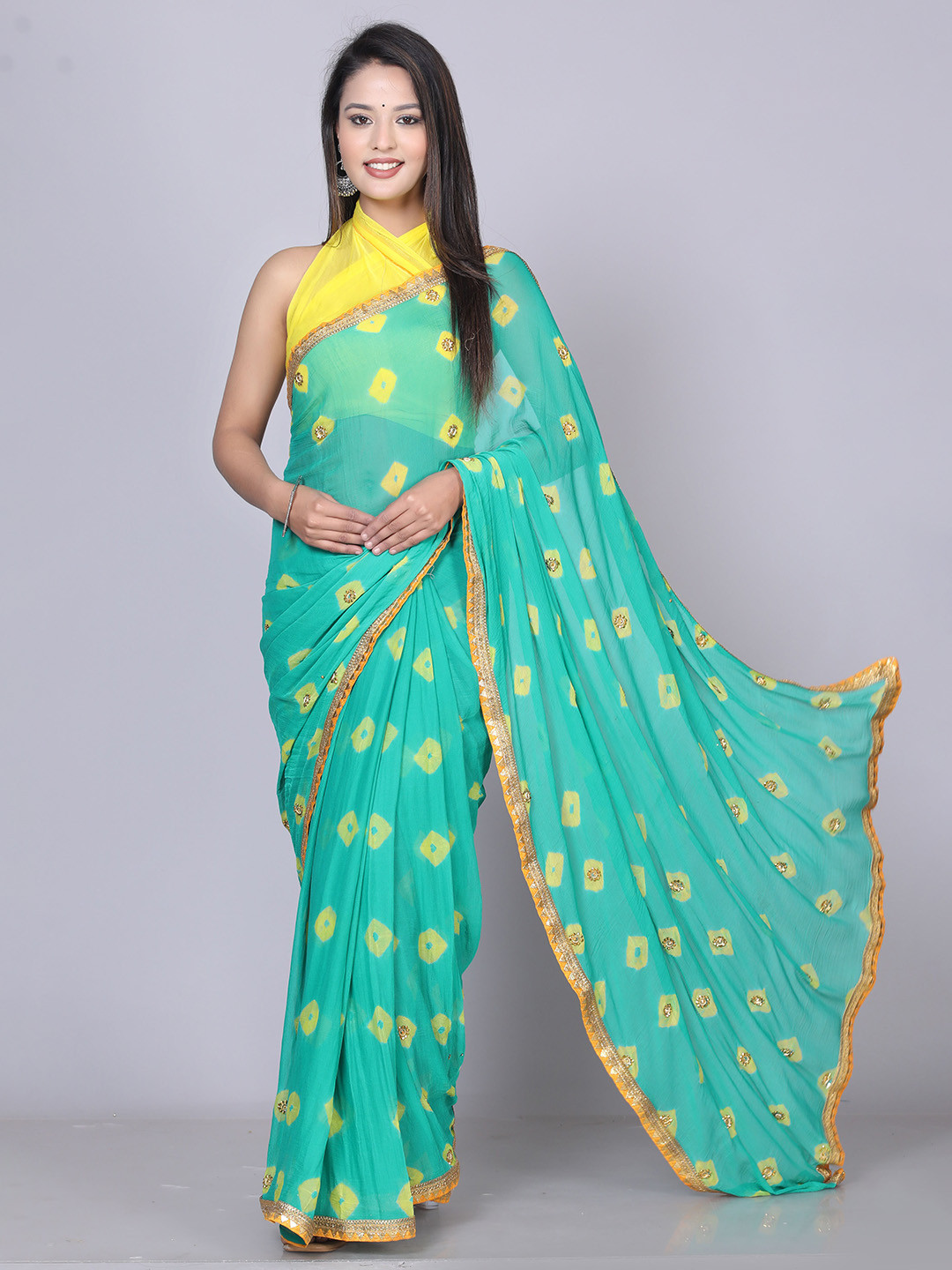 

VL SAREES Embellished Beads and Stones Pure Chiffon Bandhani Saree, Green