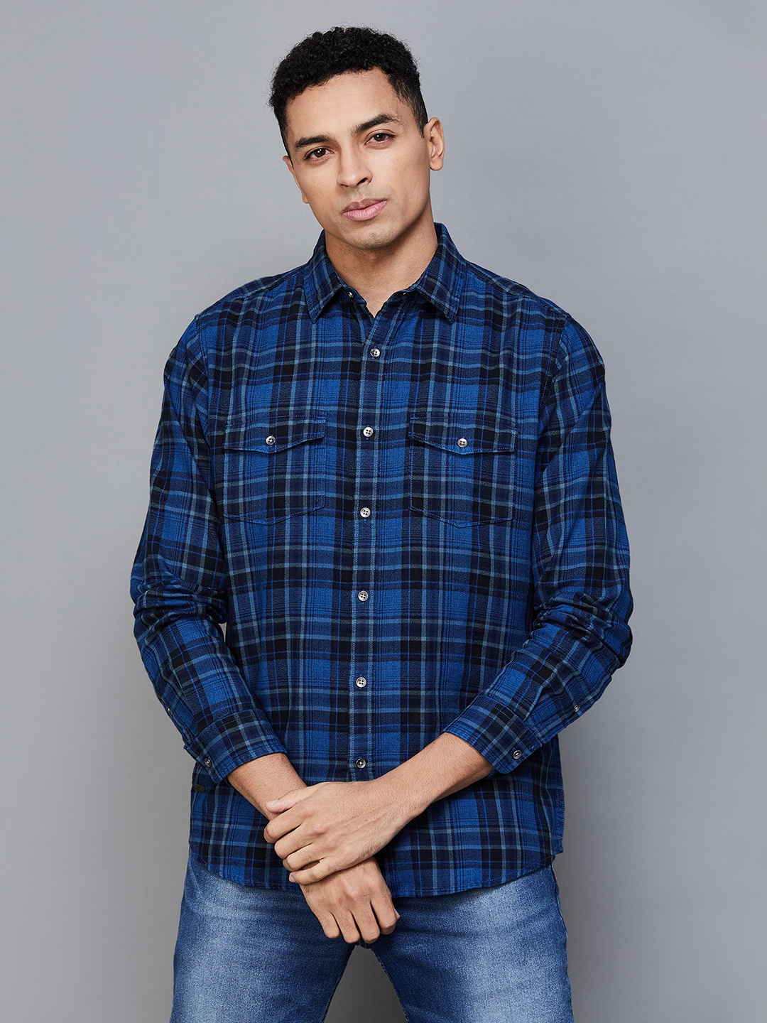 

Forca by Lifestyle Tartan Checks Spread Collar Long Sleeves Cotton Casual Shirt, Black