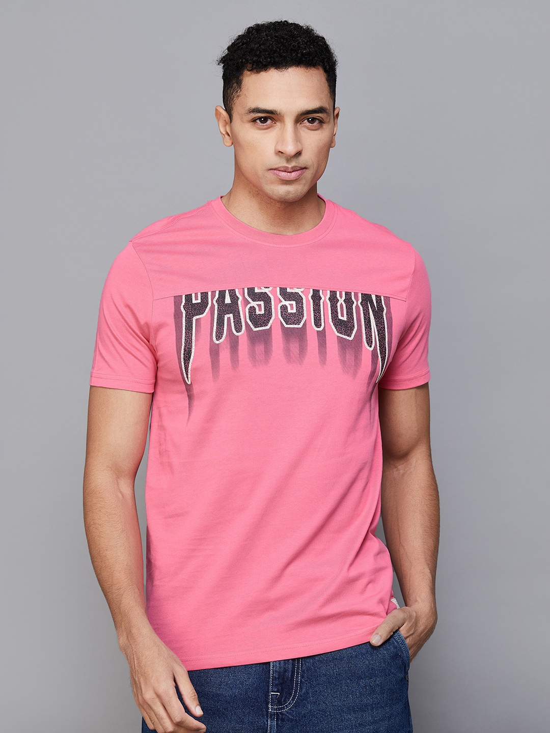 

Forca by Lifestyle Typography Printed Round Neck Cotton Slim Fit T-shirt, Pink