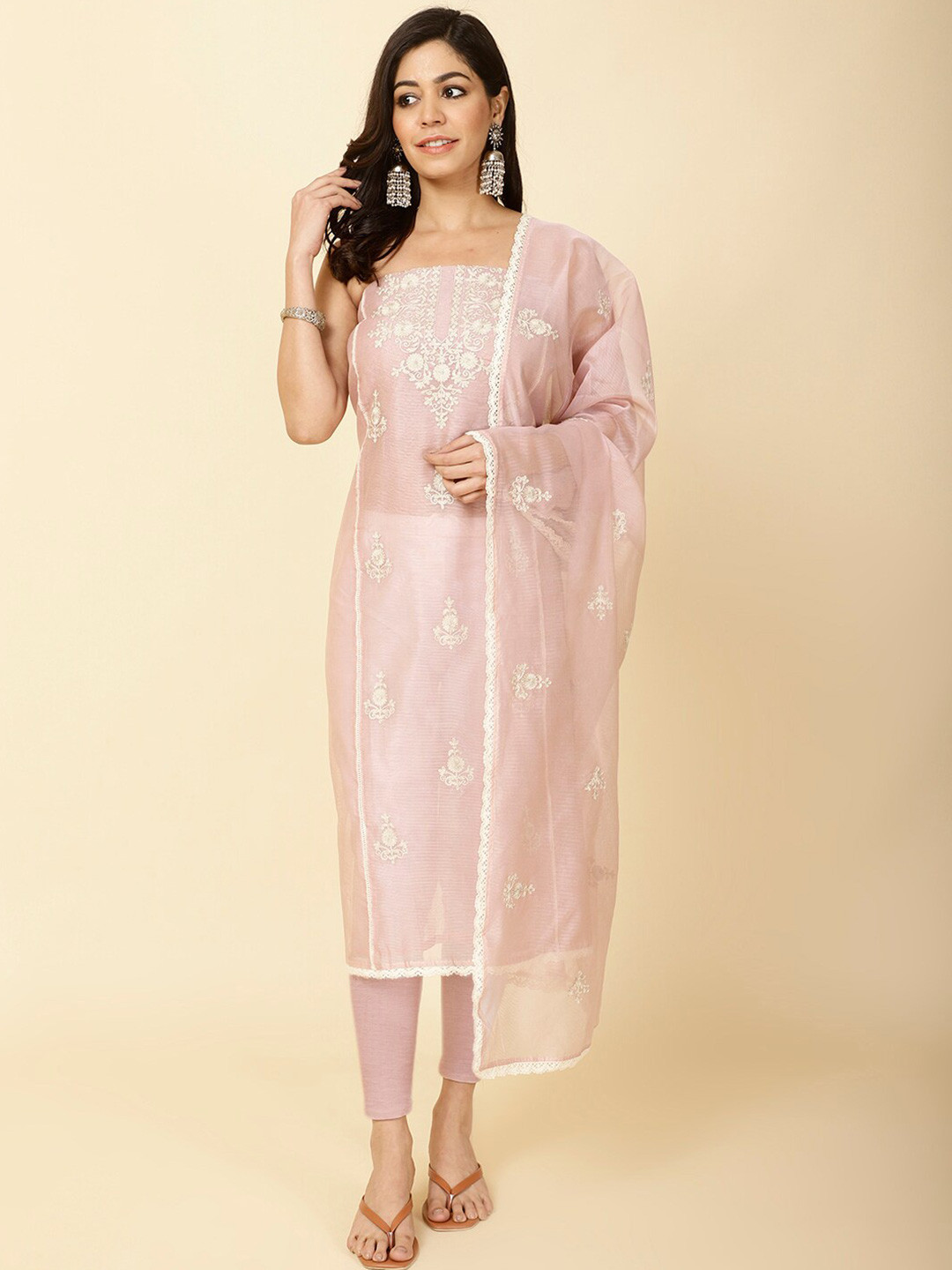 

Meena Bazaar Floral Embroidered Unstitched Dress Material, Pink