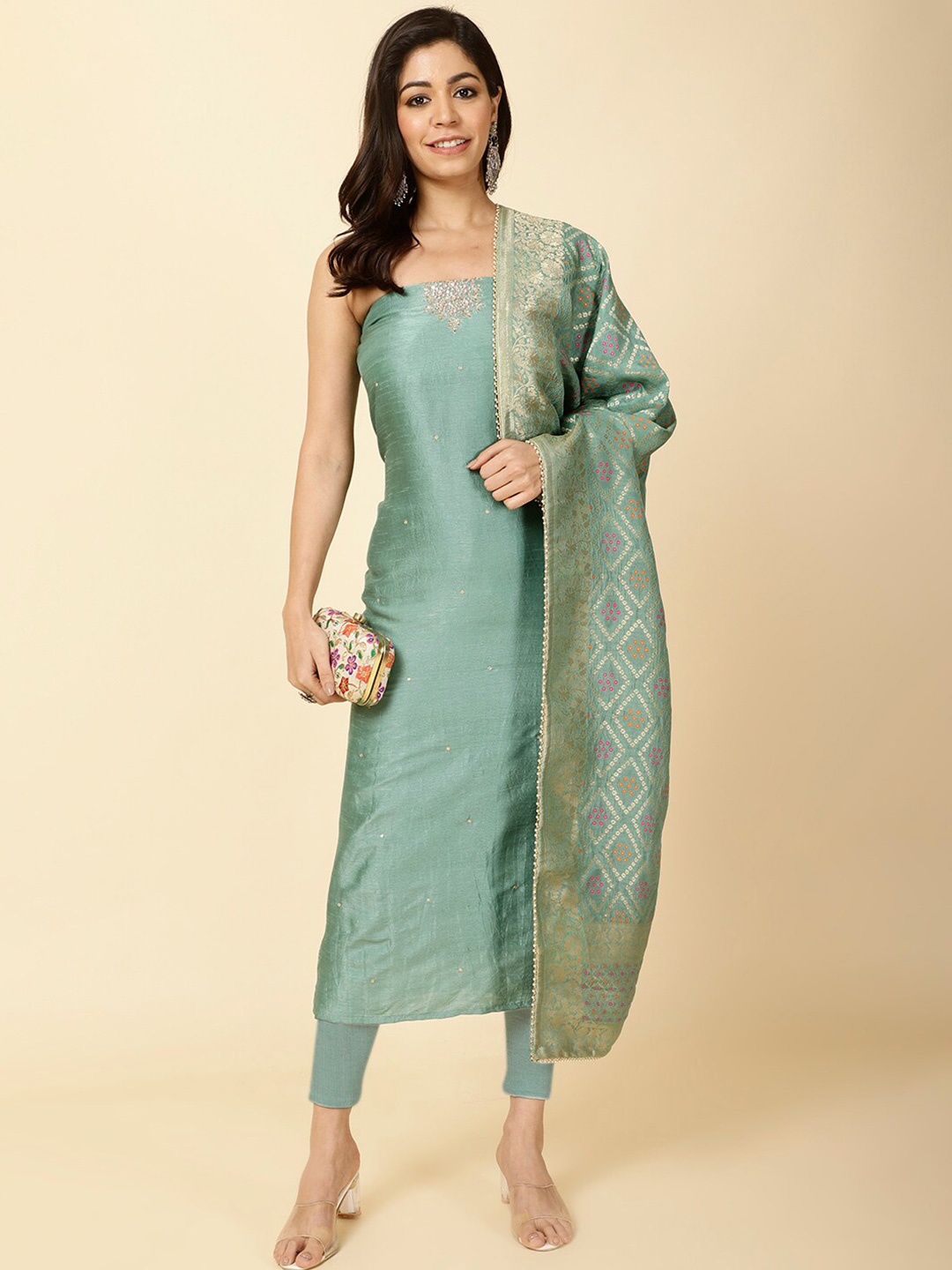 

Meena Bazaar Ethnic Motifs Embroidered Unstitched Dress Material, Green