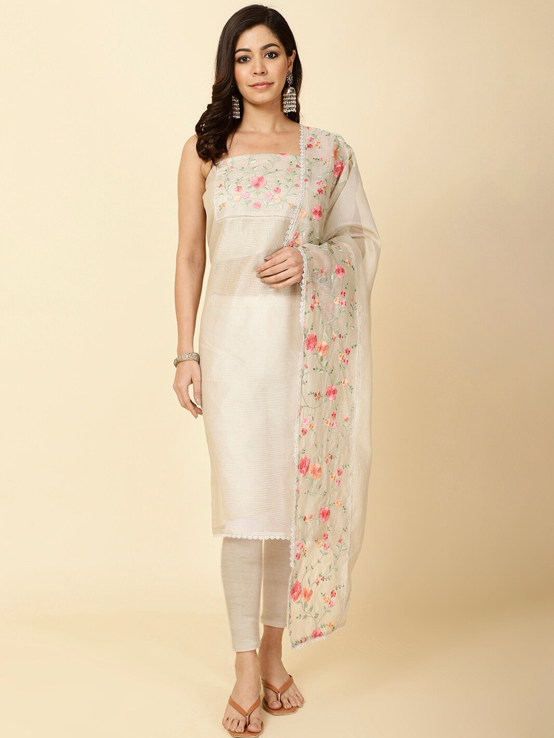 

Meena Bazaar Floral Embroidered Unstitched Dress Material, Beige