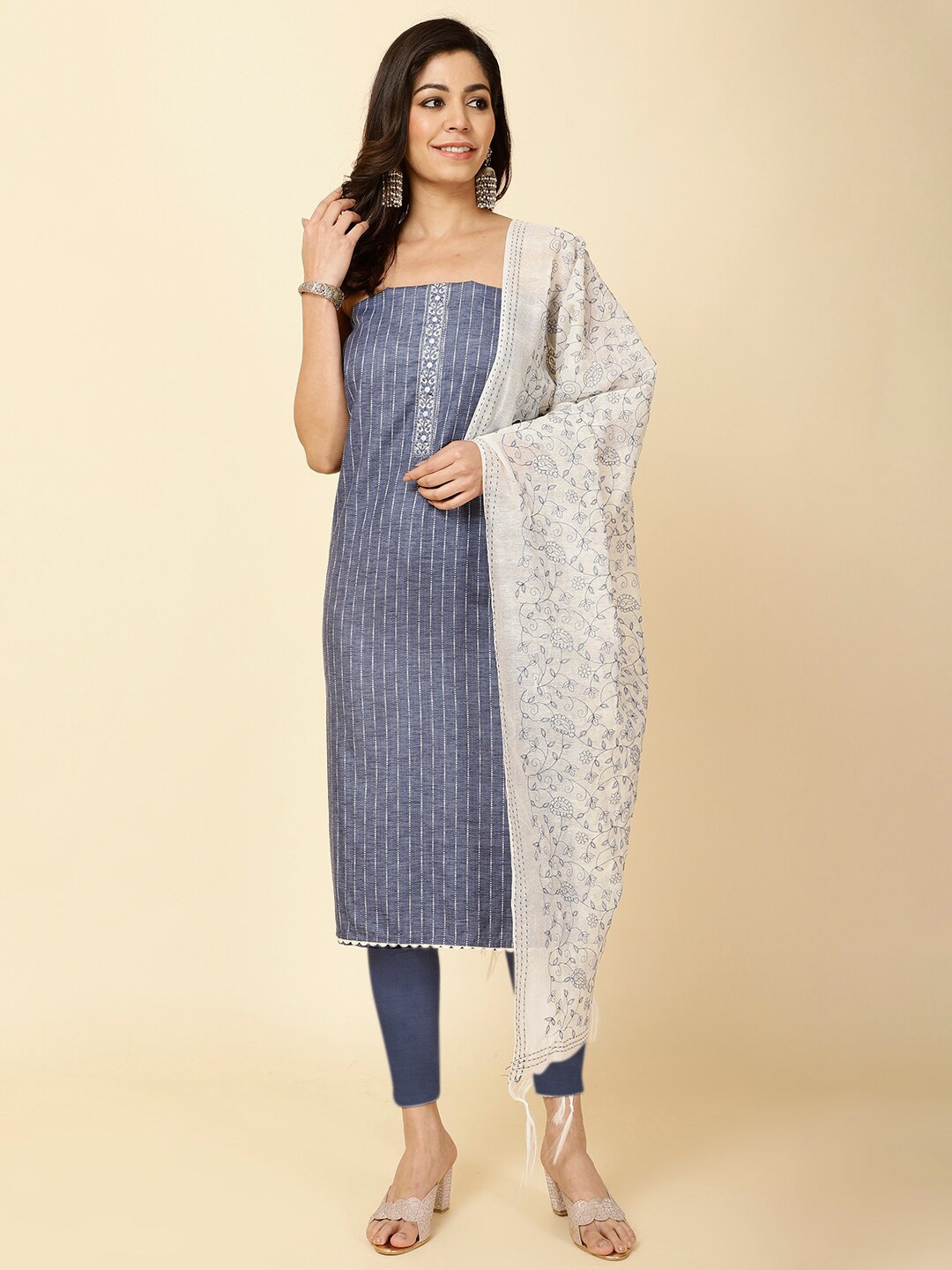 

Meena Bazaar Striped Woven Design Unstitched Dress Material, Blue