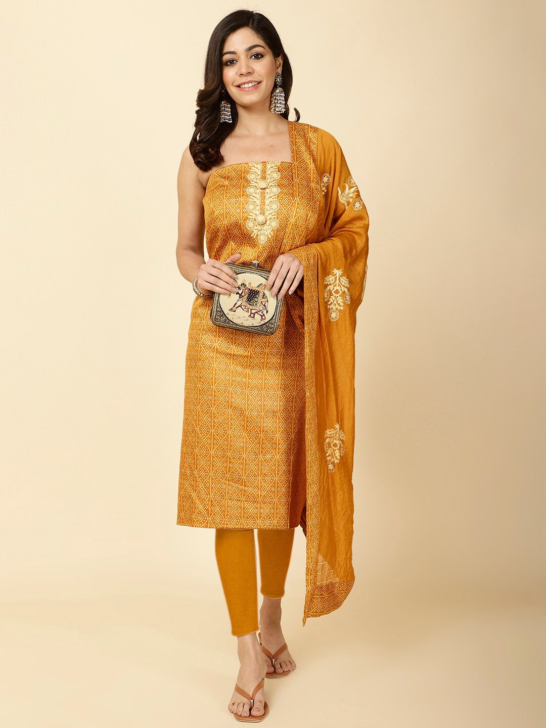 

Meena Bazaar Bandhani Printed Unstitched Dress Material, Mustard