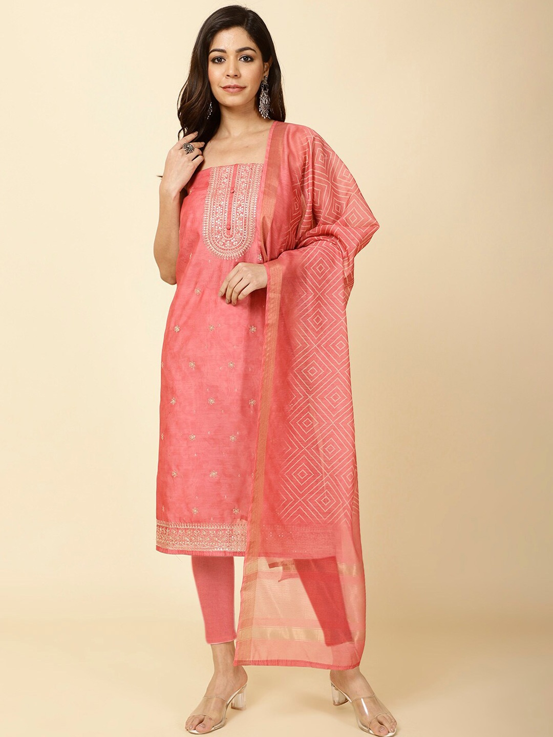 

Meena Bazaar Ethnic Motifs Embroidered Art Silk Unstitched Dress Material, Coral