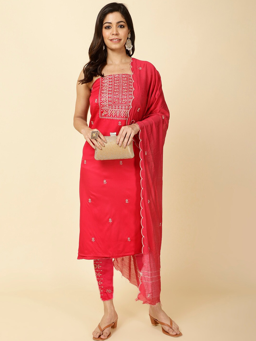 

Meena Bazaar Ethnic Embroidered Unstitched Dress Material, Pink