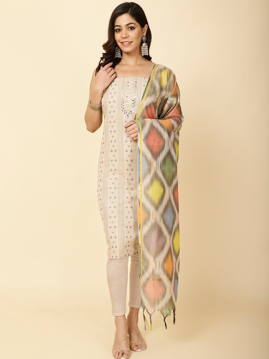 

Meena Bazaar Ethnic Motifs Woven Design Mirror Work Unstitched Dress Material, Beige