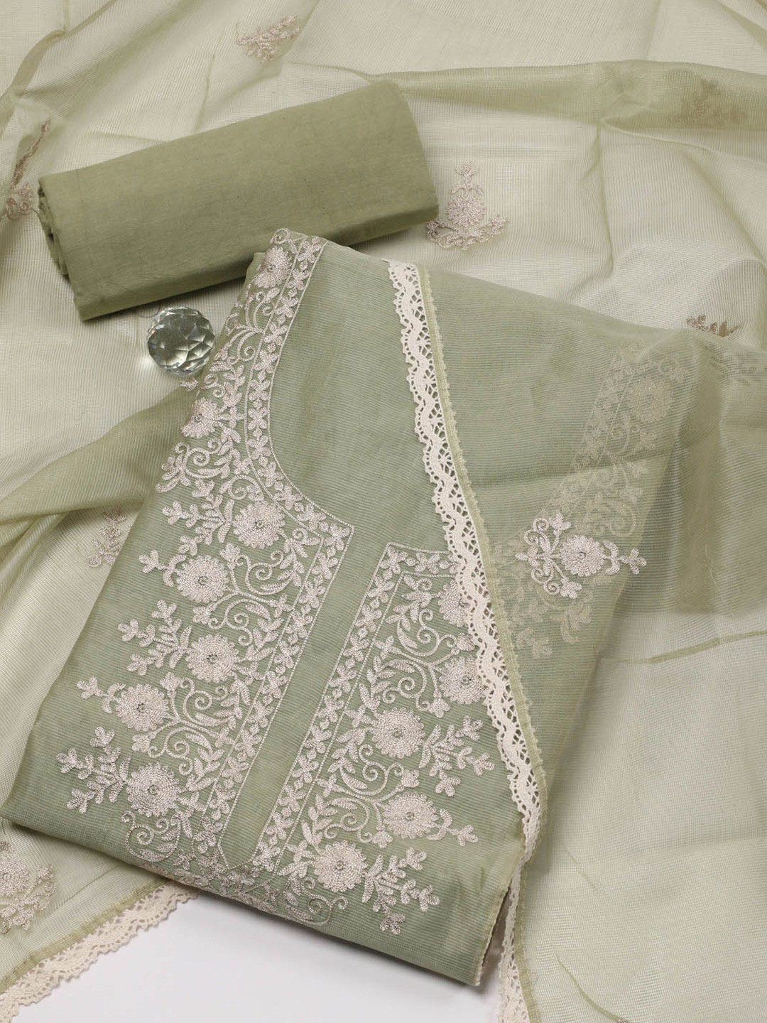 

Meena Bazaar Floral Embroidered Unstitched Dress Material, Green