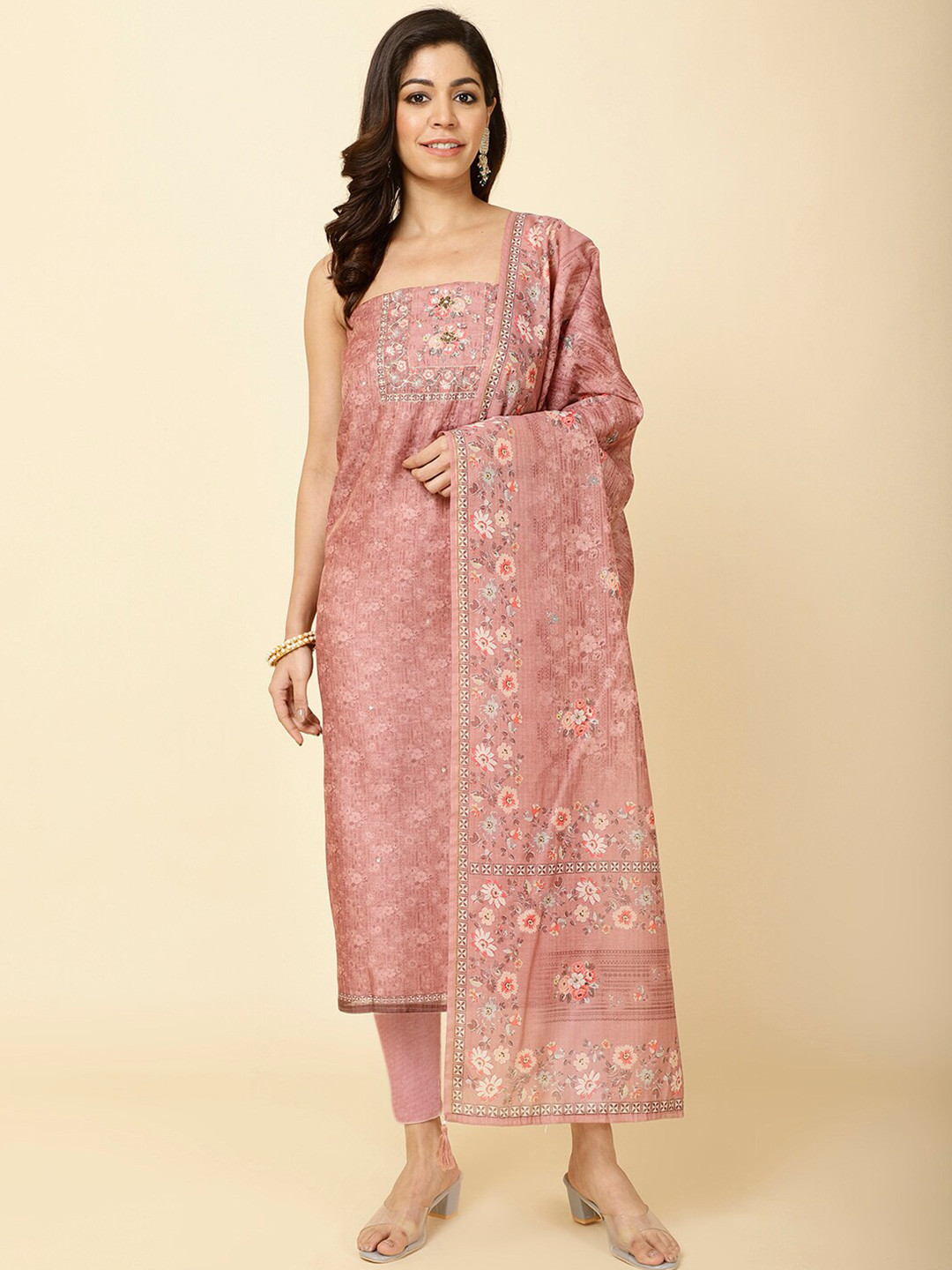 

Meena Bazaar Printed Art Silk Unstitched Dress Material, Pink