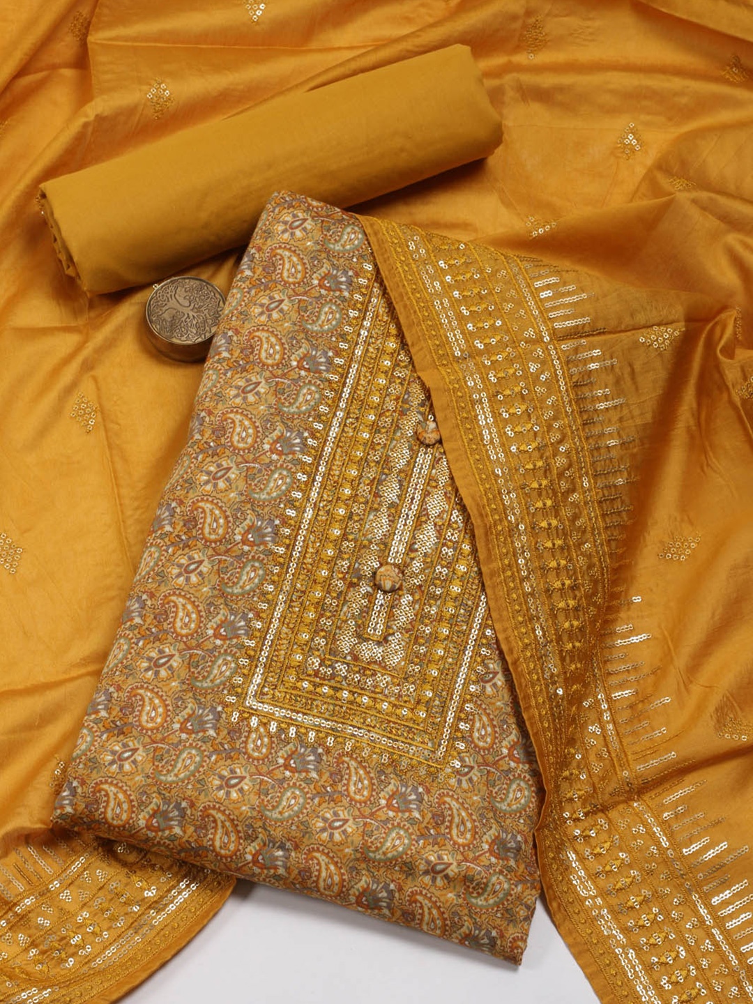 

Meena Bazaar Ethnic Printed Sequined Unstitched Dress Material, Mustard