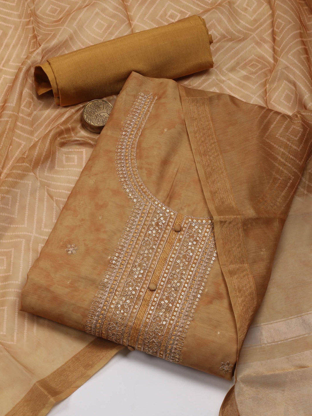 

Meena Bazaar Ethnic Motifs Embroidered Sequinned Unstitched Dress Material, Brown