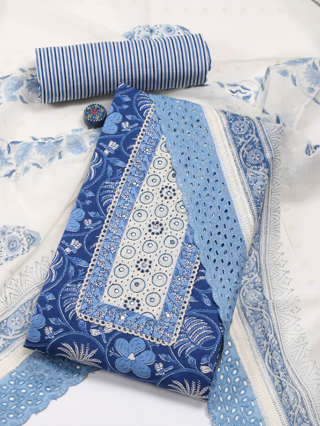 

Meena Bazaar Ethnic Motifs Printed Unstitched Dress Material, Blue