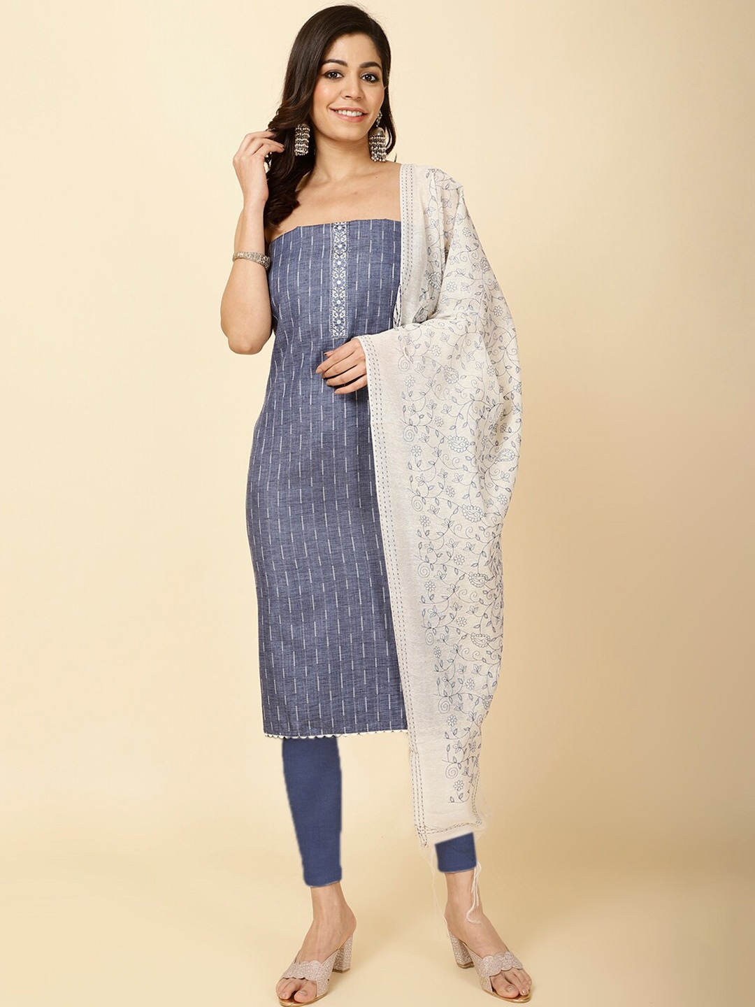 

Meena Bazaar Striped Unstitched Dress Material, Blue