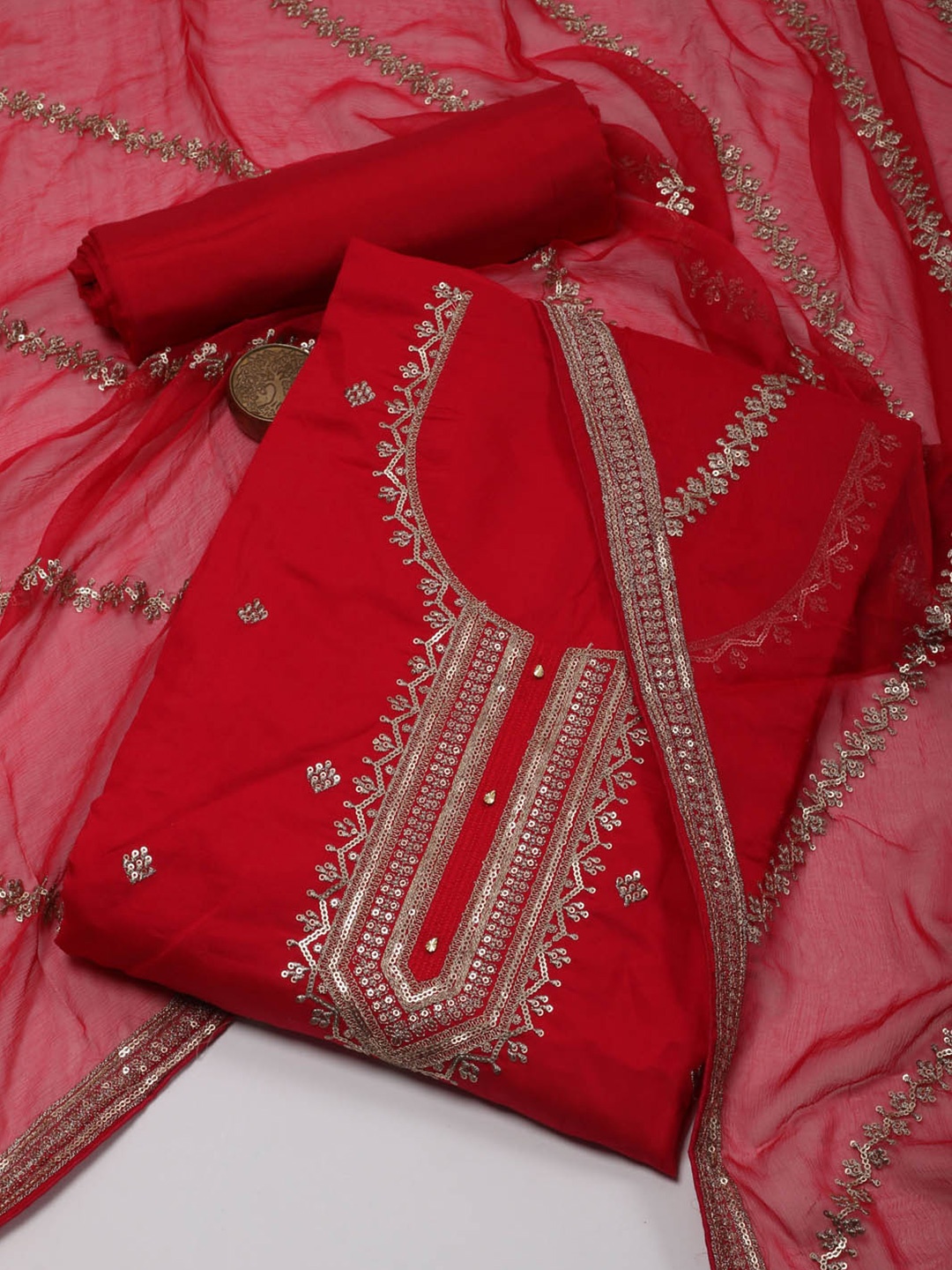 

Meena Bazaar Ethnic Motifs mbroidered Unstitched Dress Material, Pink