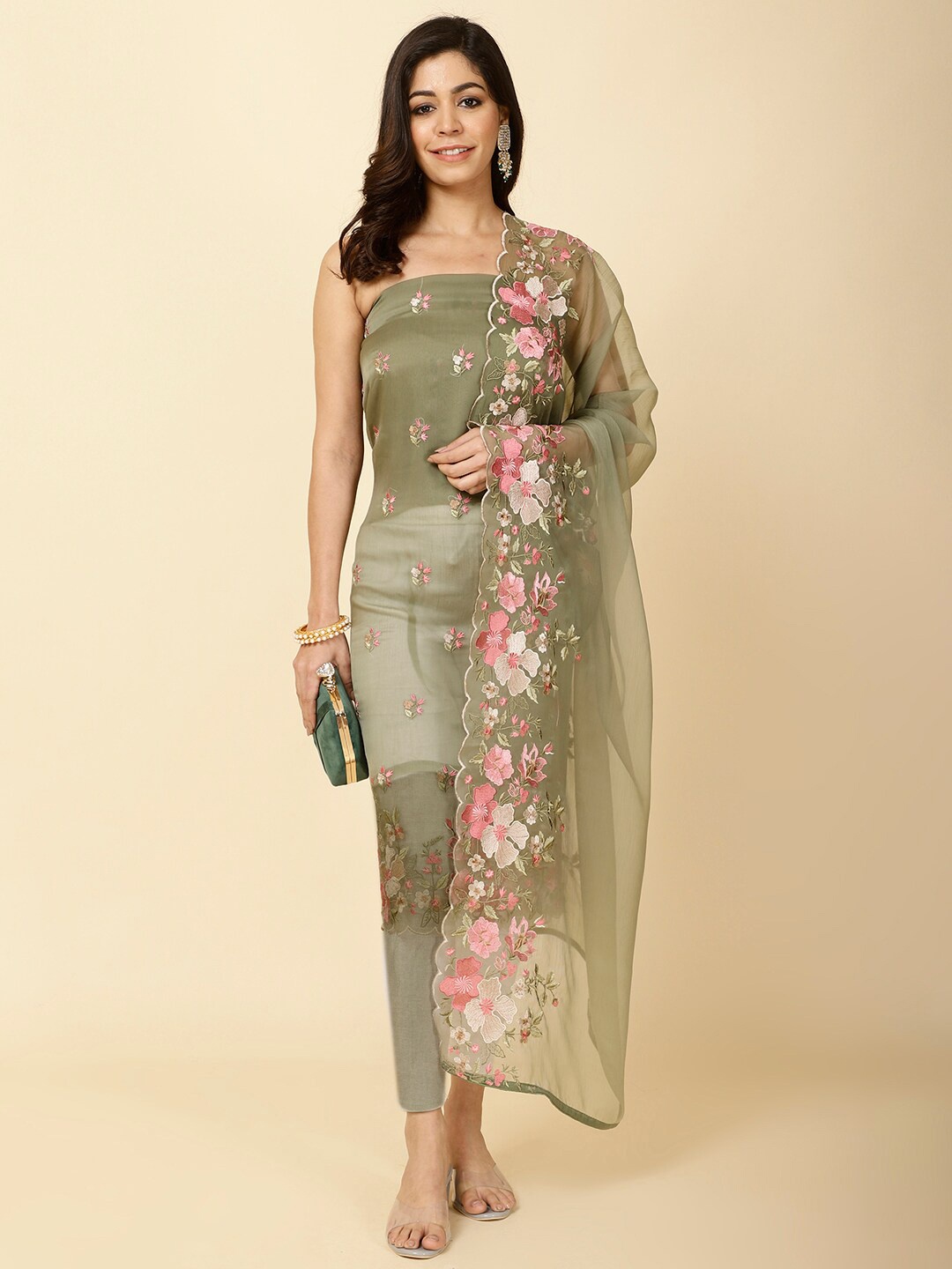 

Meena Bazaar Floral Embroidered Organza Unstitched Dress Material, Green