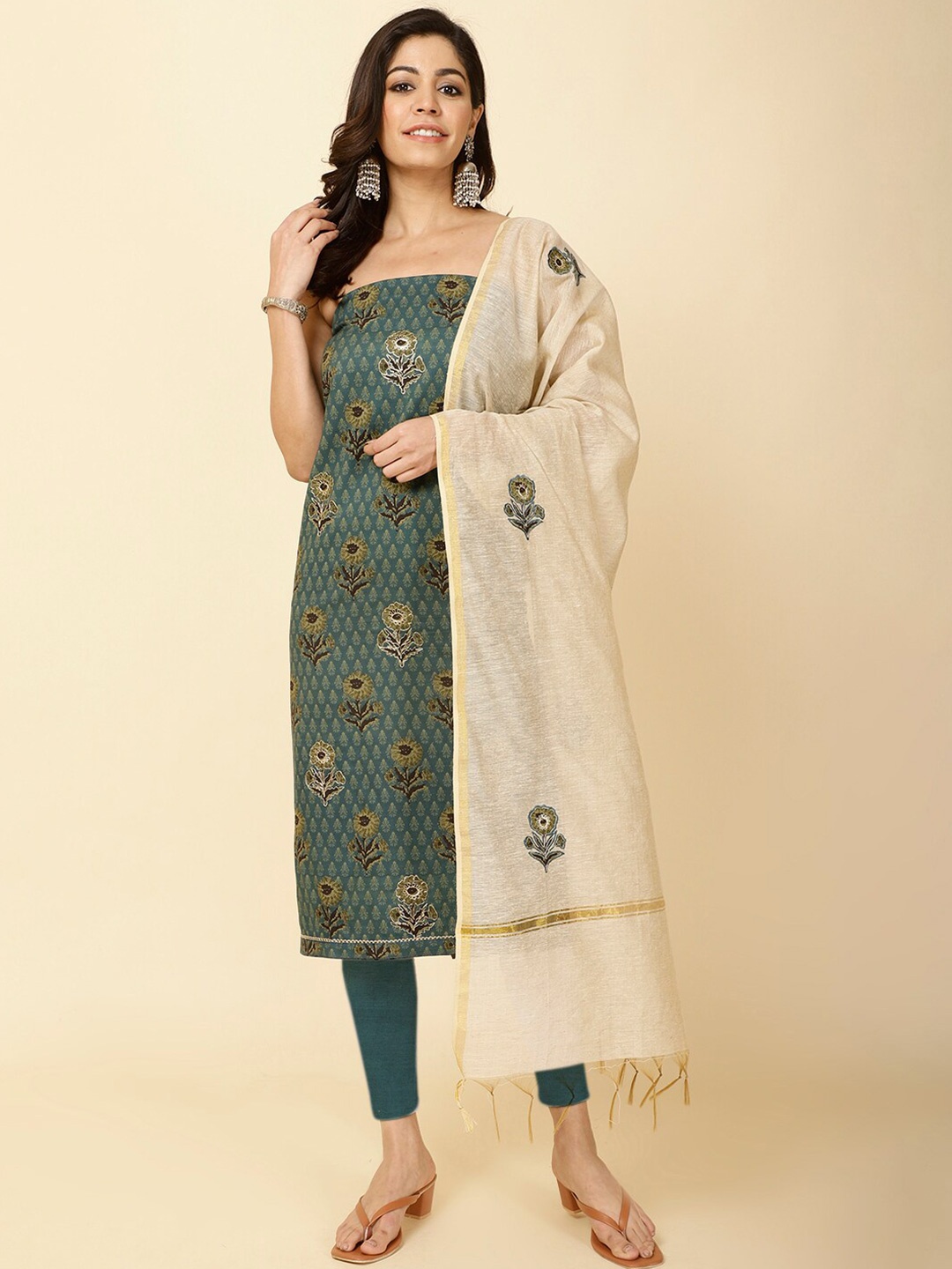 

Meena Bazaar Floral Printed Unstitched Dress Material, Green