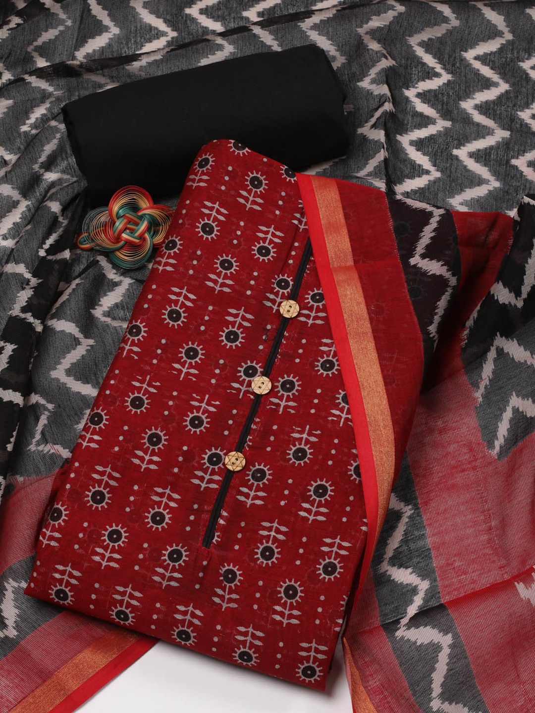 

Meena Bazaar Floral Printed Unstitched Dress Material, Red