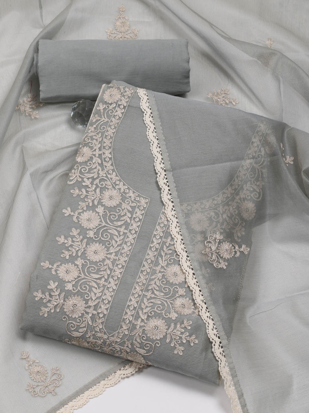 

Meena Bazaar Floral Embroidered Unstitched Dress Material, Grey
