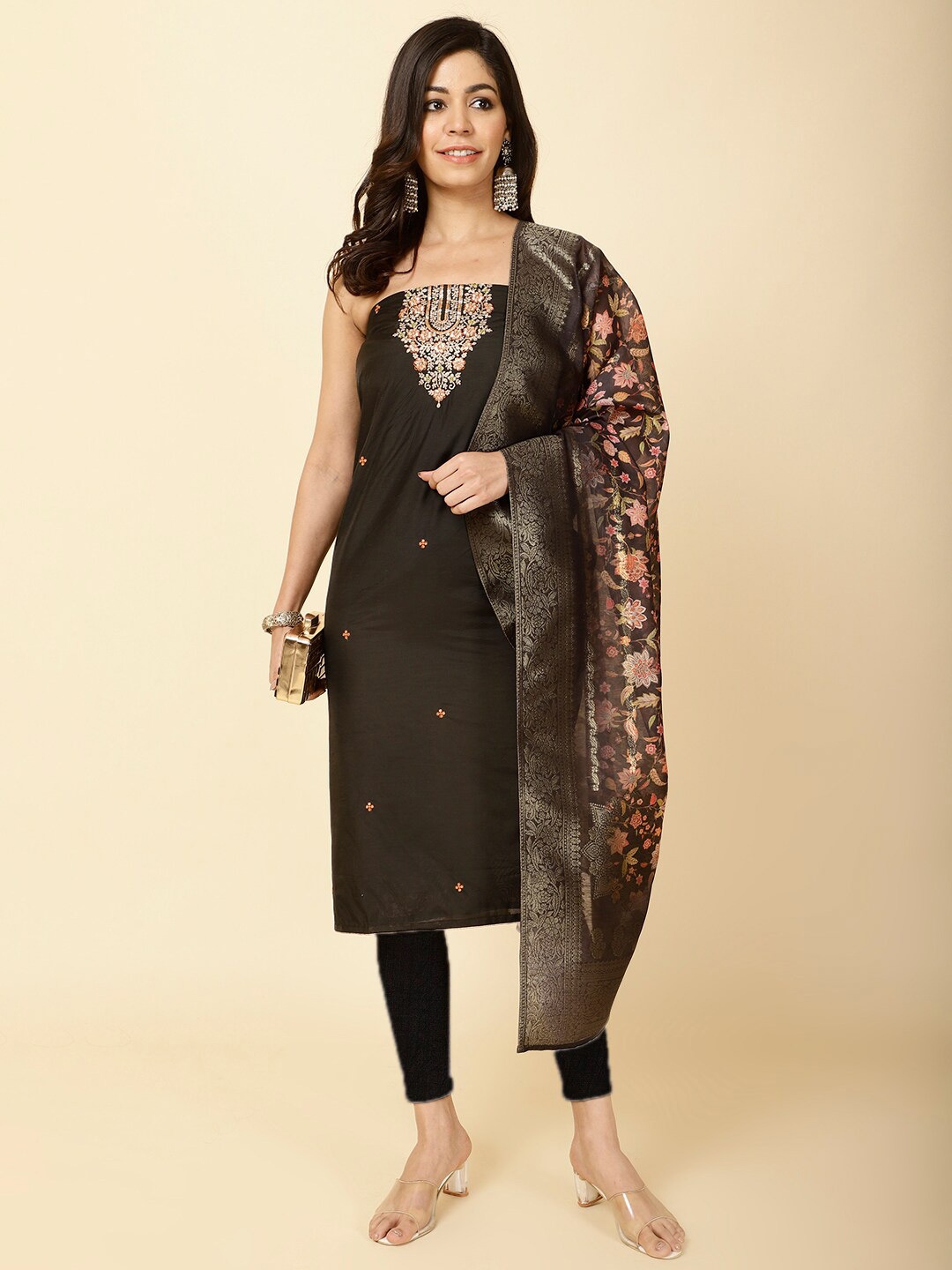 

Meena Bazaar Floral Embroidered Unstitched Dress Material, Black