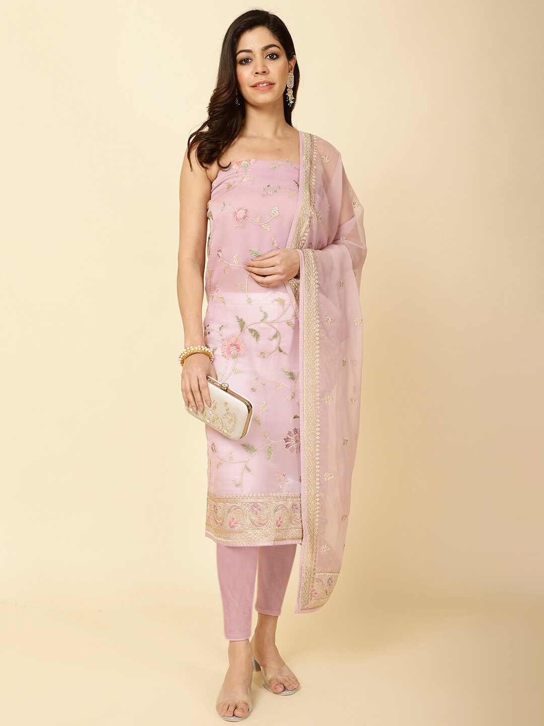 

Meena Bazaar Floral Embroidered Art Silk Unstitched Dress Material, Pink