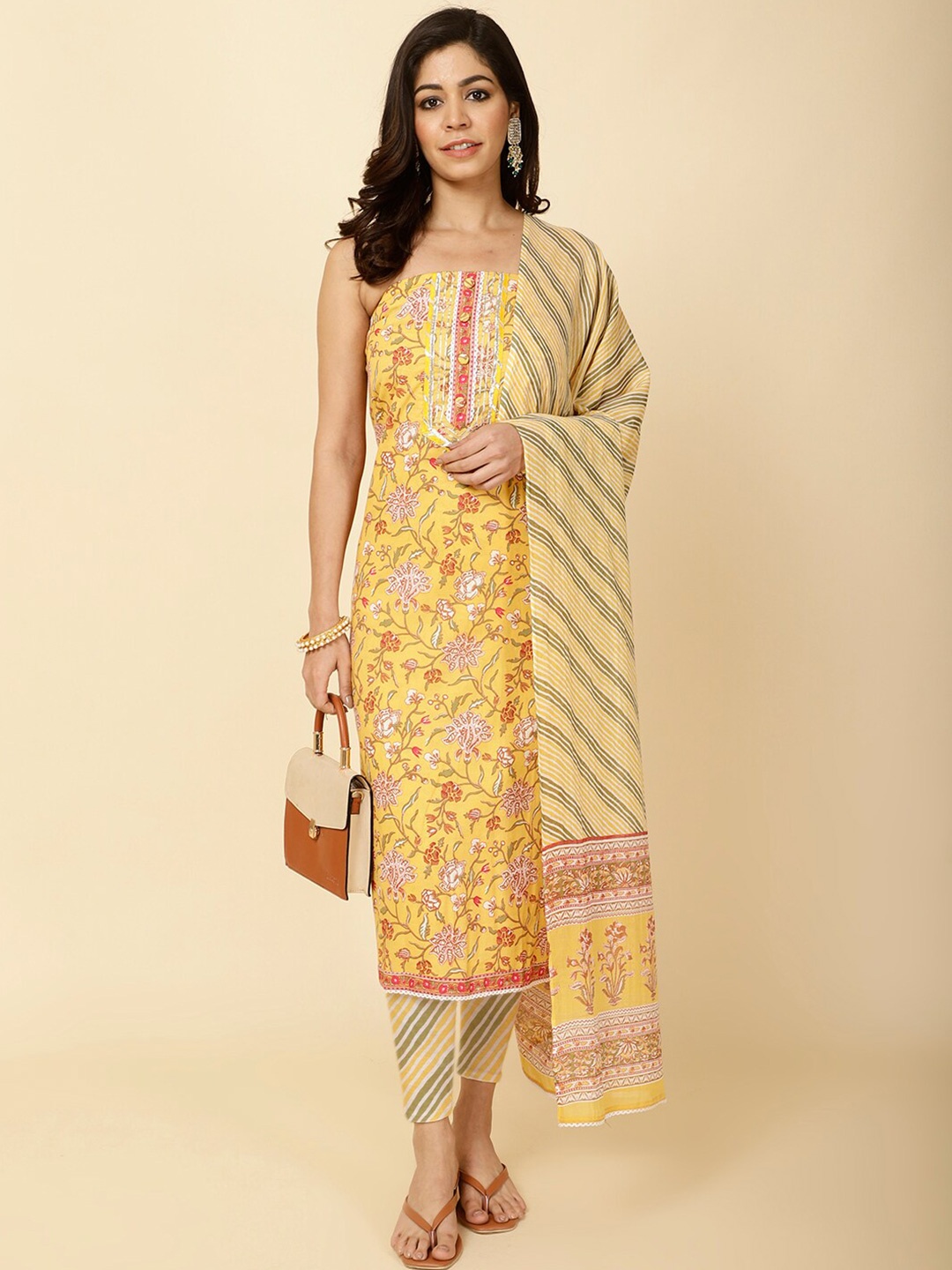 

Meena Bazaar Ethnic Motifs Printed Unstitched Dress Material, Mustard