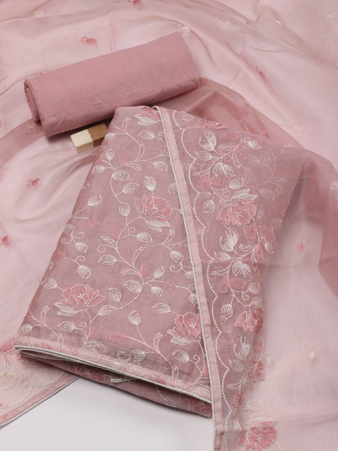 

Meena Bazaar Floral Embroidered Unstitched Dress Material, Pink