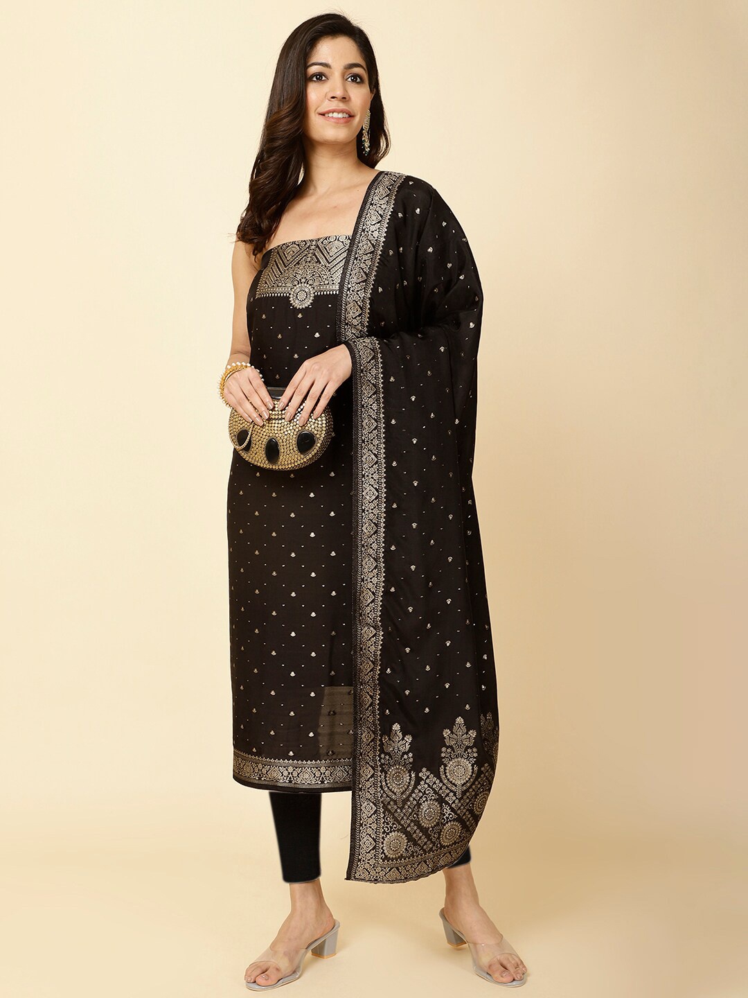 

Meena Bazaar Ethnic Motifs Woven Design Unstitched Dress Material, Black