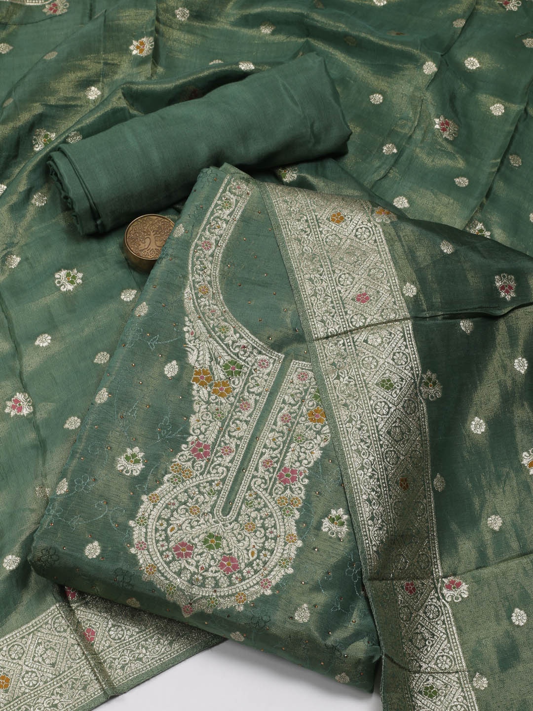 

Meena Bazaar Ethnic Motifs Woven Design Unstitched Dress Material, Green