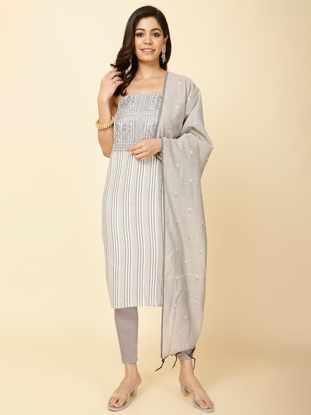 

Meena Bazaar Striped Embroidered Unstitched Dress Material, Grey