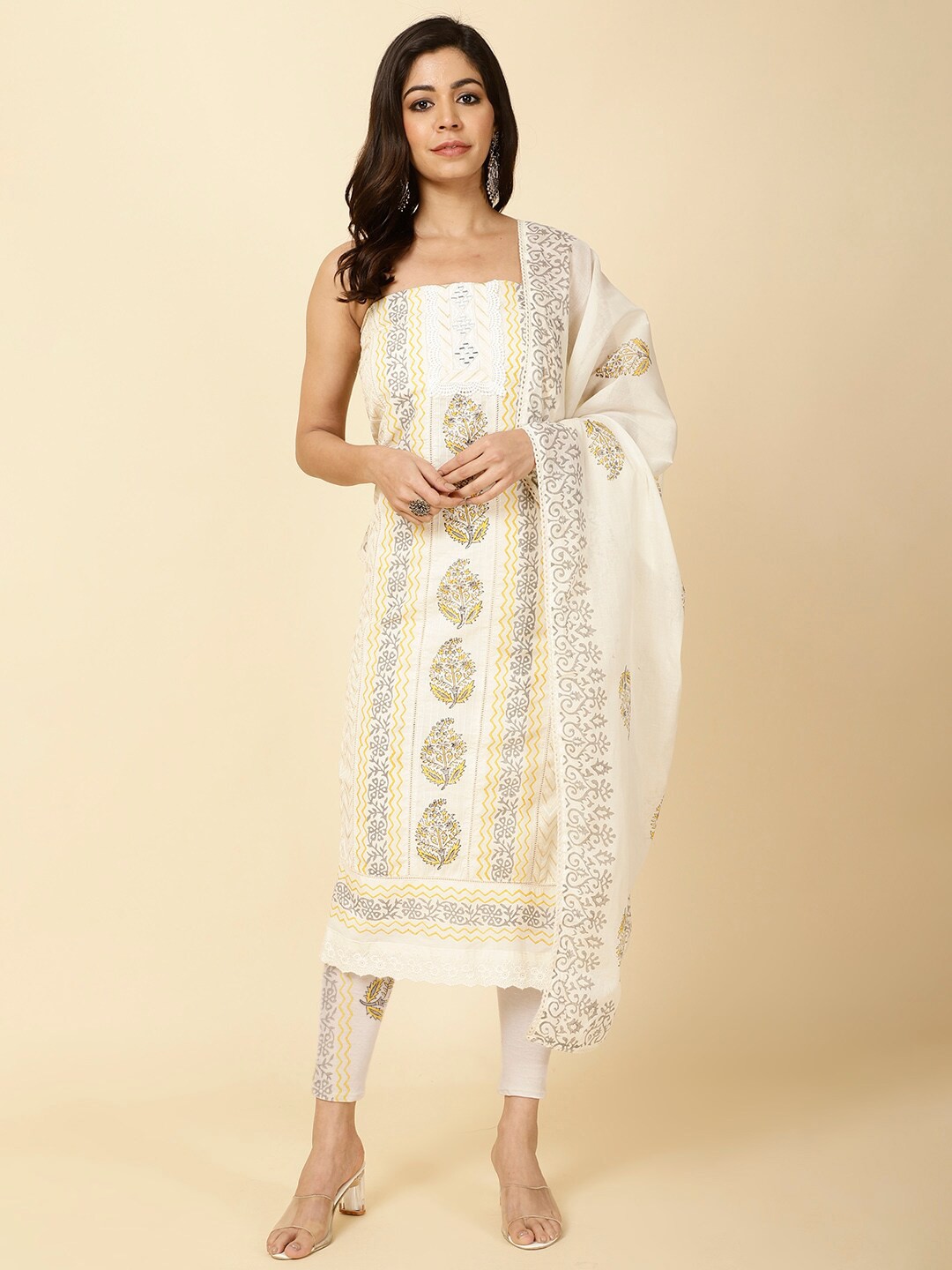 

Meena Bazaar Ethnic Motifs Printed Unstitched Dress Material, Cream