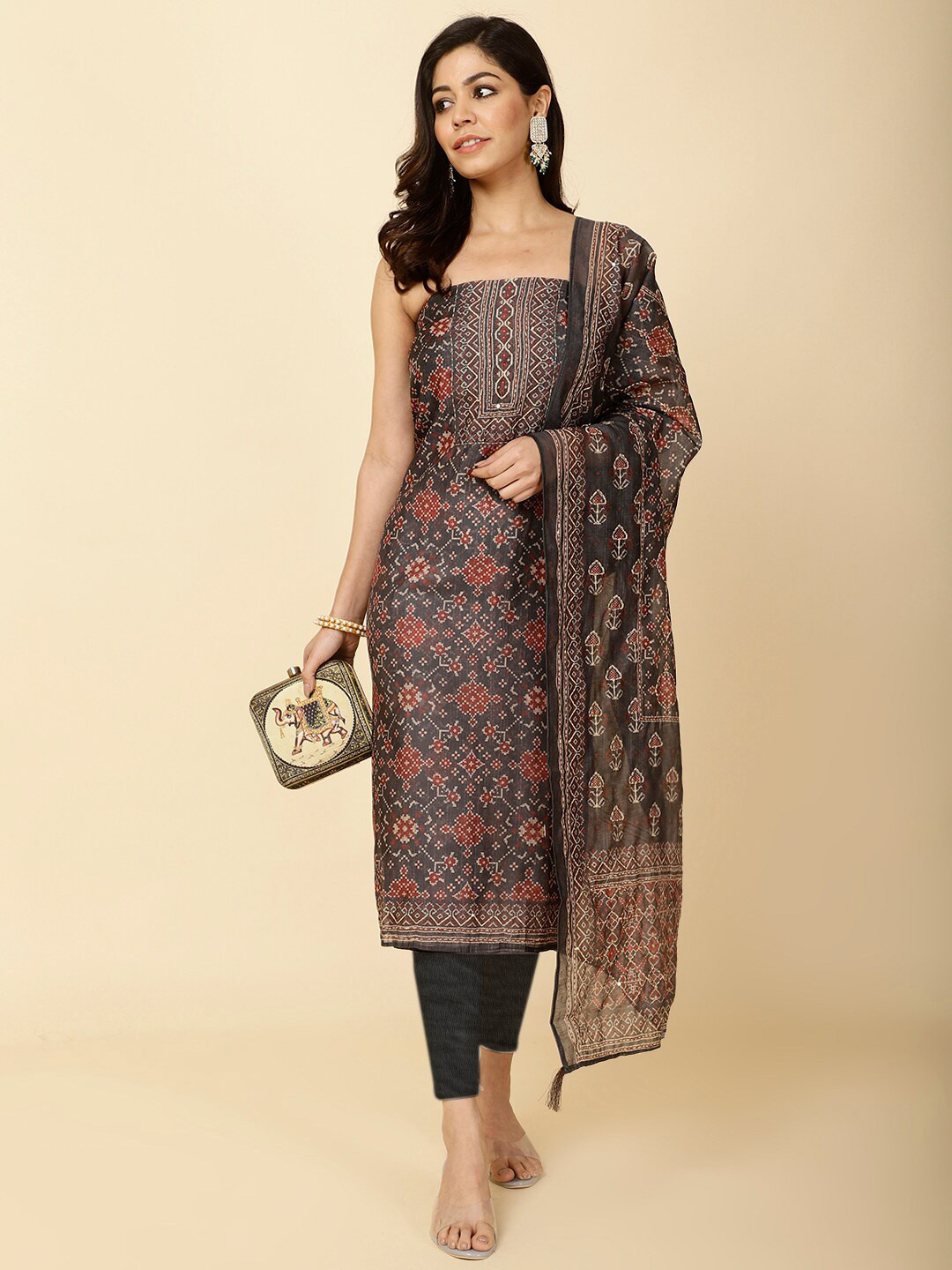 

Meena Bazaar Ethnic Motifs Printed Sequinned Art Silk Unstitched Dress Material, Grey
