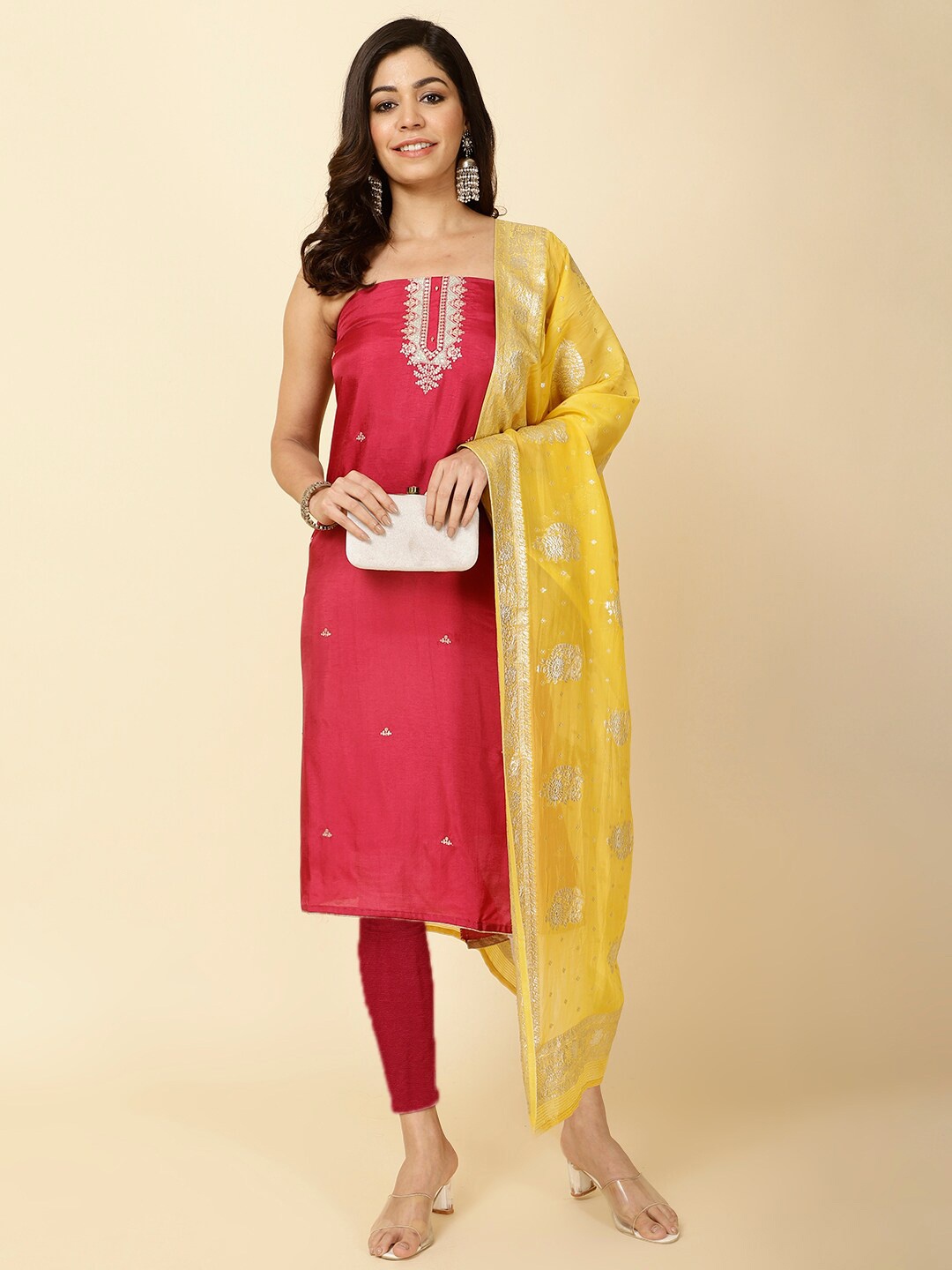 

Meena Bazaar Ethnic Motifs Embroidered Unstitched Dress Material, Pink