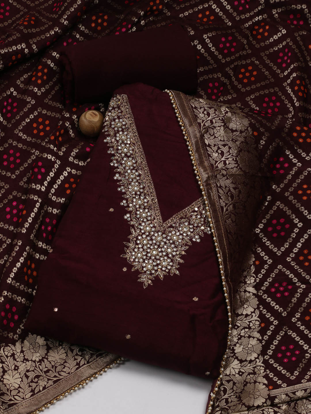 

Meena Bazaar Ethnic Motifs Embroidered Unstitched Dress Material, Burgundy